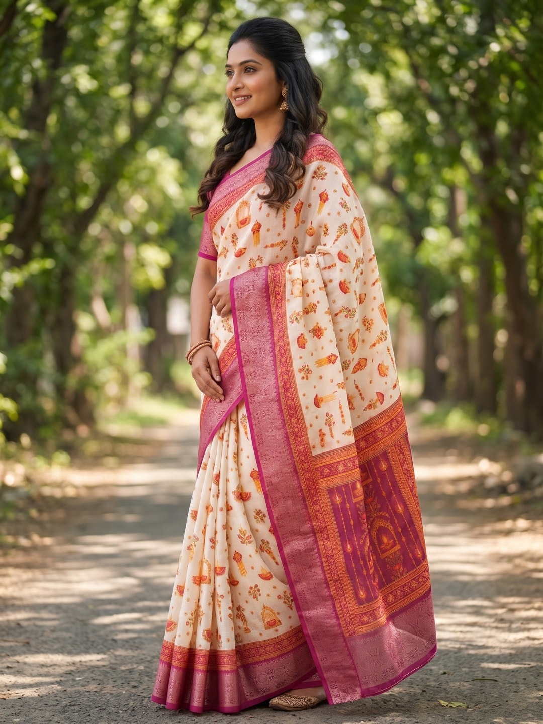 Peachmode Cream Soft Linen Festival Printed Saree With Jhumka Pallu - Image 2