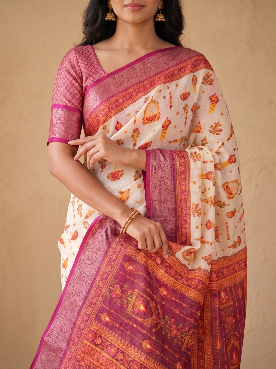 Peachmode Cream Soft Linen Festival Printed Saree With Jhumka Pallu - Image 3