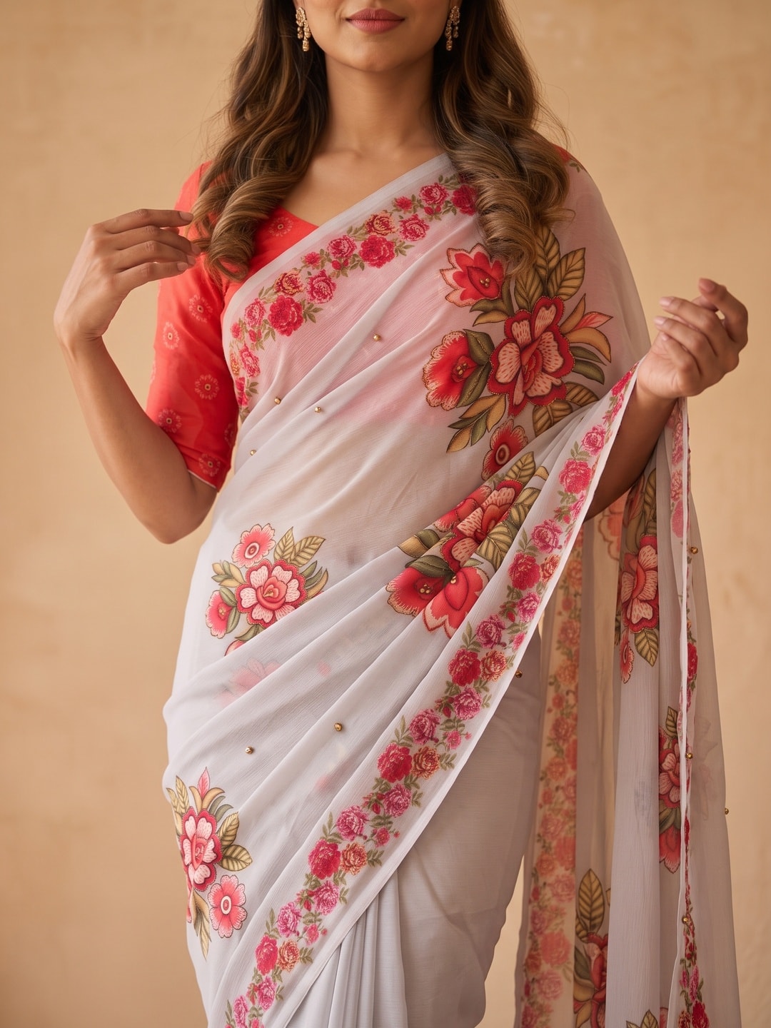 Peachmode Grey Weightless Georgette Digital Floral Printed Saree With Ghungru Work - Image 3