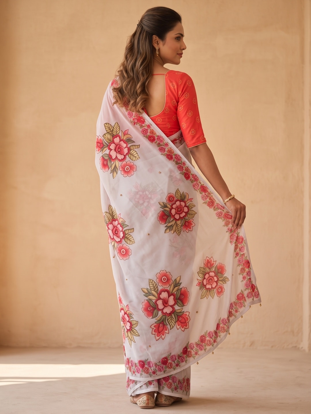 Peachmode Grey Weightless Georgette Digital Floral Printed Saree With Ghungru Work - Image 4