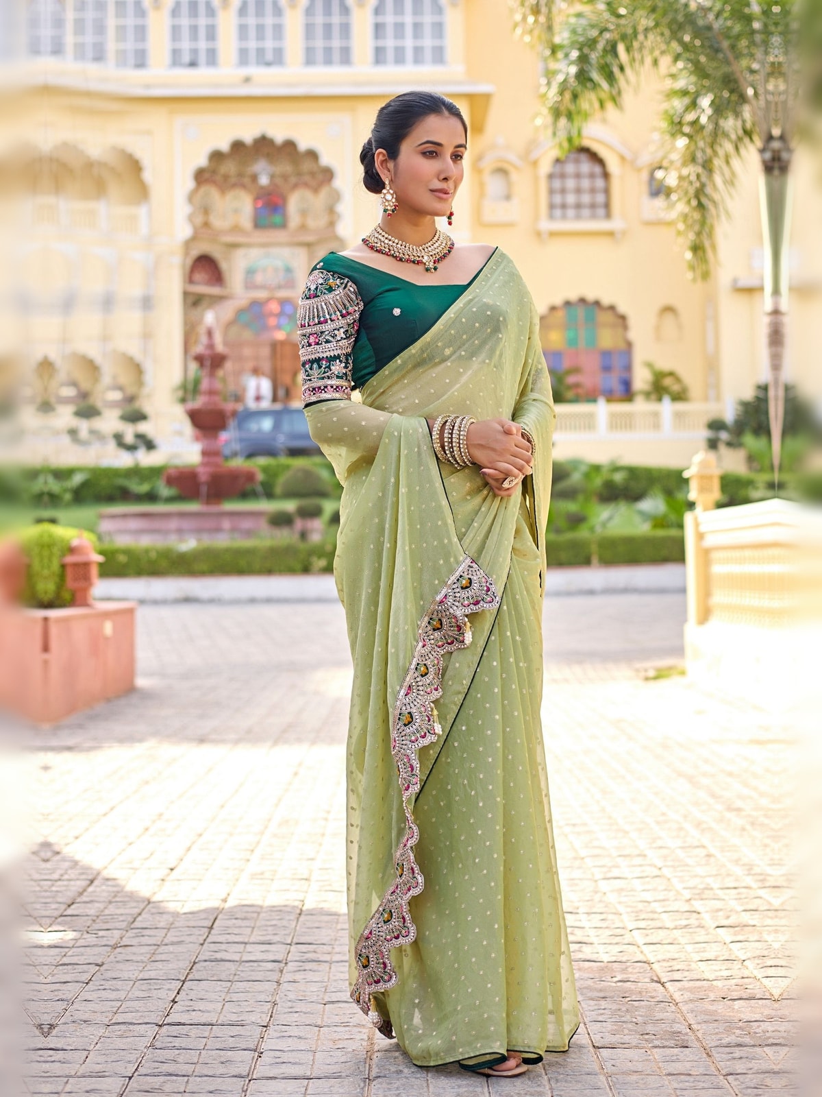 Peachmode Pista Green Bhutti Georgette Saree With Heavy Embroidered Scalloped Border - Image 3