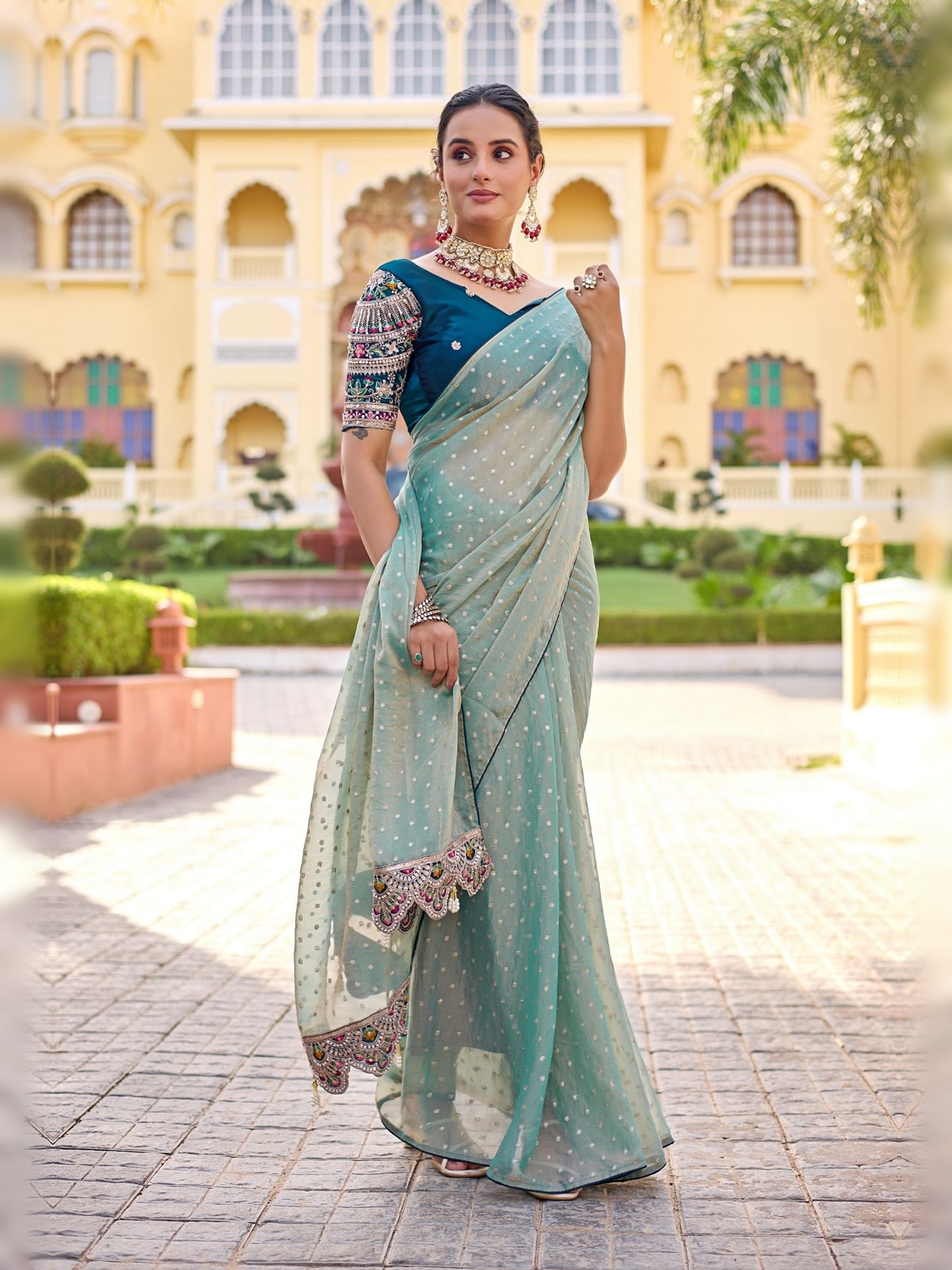 Peachmode Sea Green Bhutti Georgette Saree With Heavy Embroidered Scalloped Border - Image 1