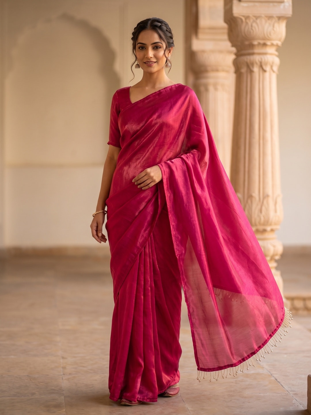 Peachmode Pink Fendi Satin Saree With Tassel Edge - Image 1