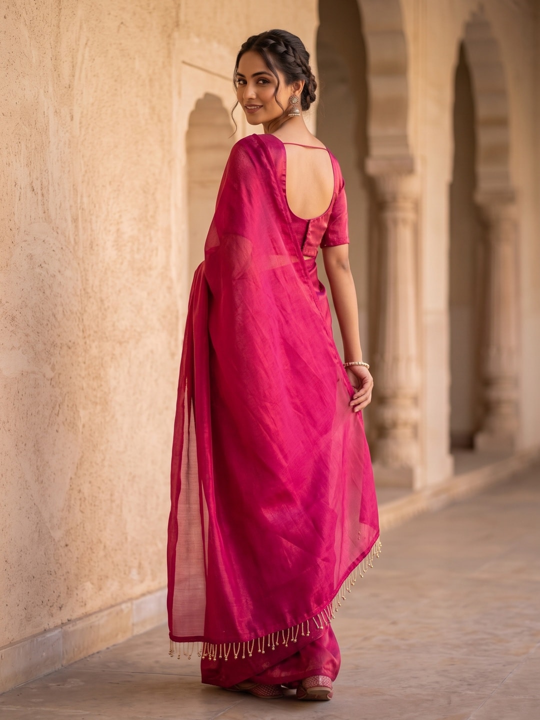 Peachmode Pink Fendi Satin Saree With Tassel Edge - Image 2