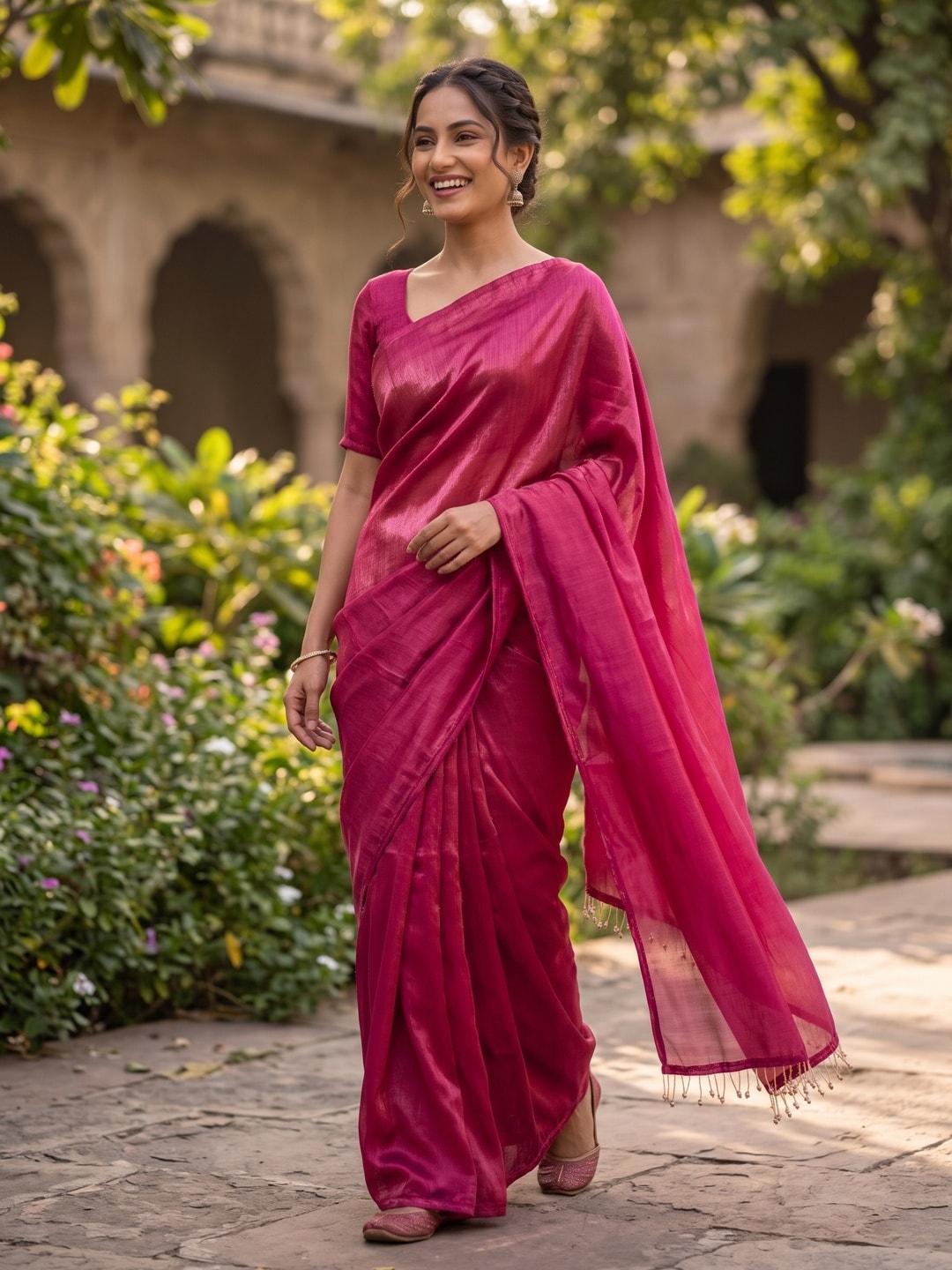 Peachmode Pink Fendi Satin Saree With Tassel Edge - Image 3