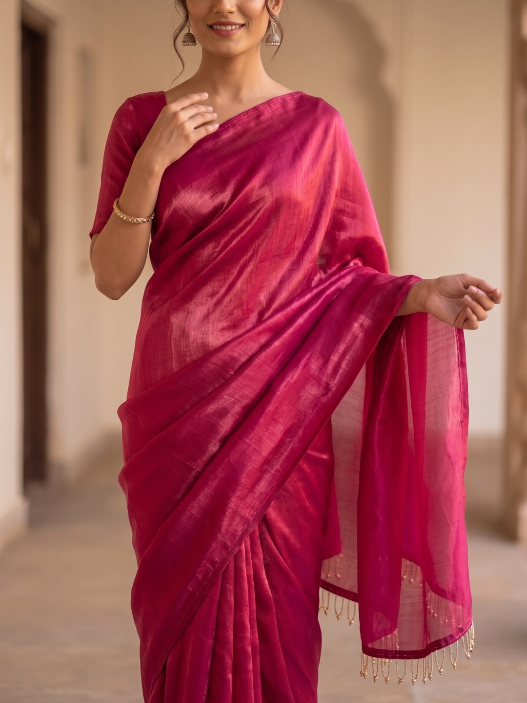 Peachmode Pink Fendi Satin Saree With Tassel Edge - Image 4