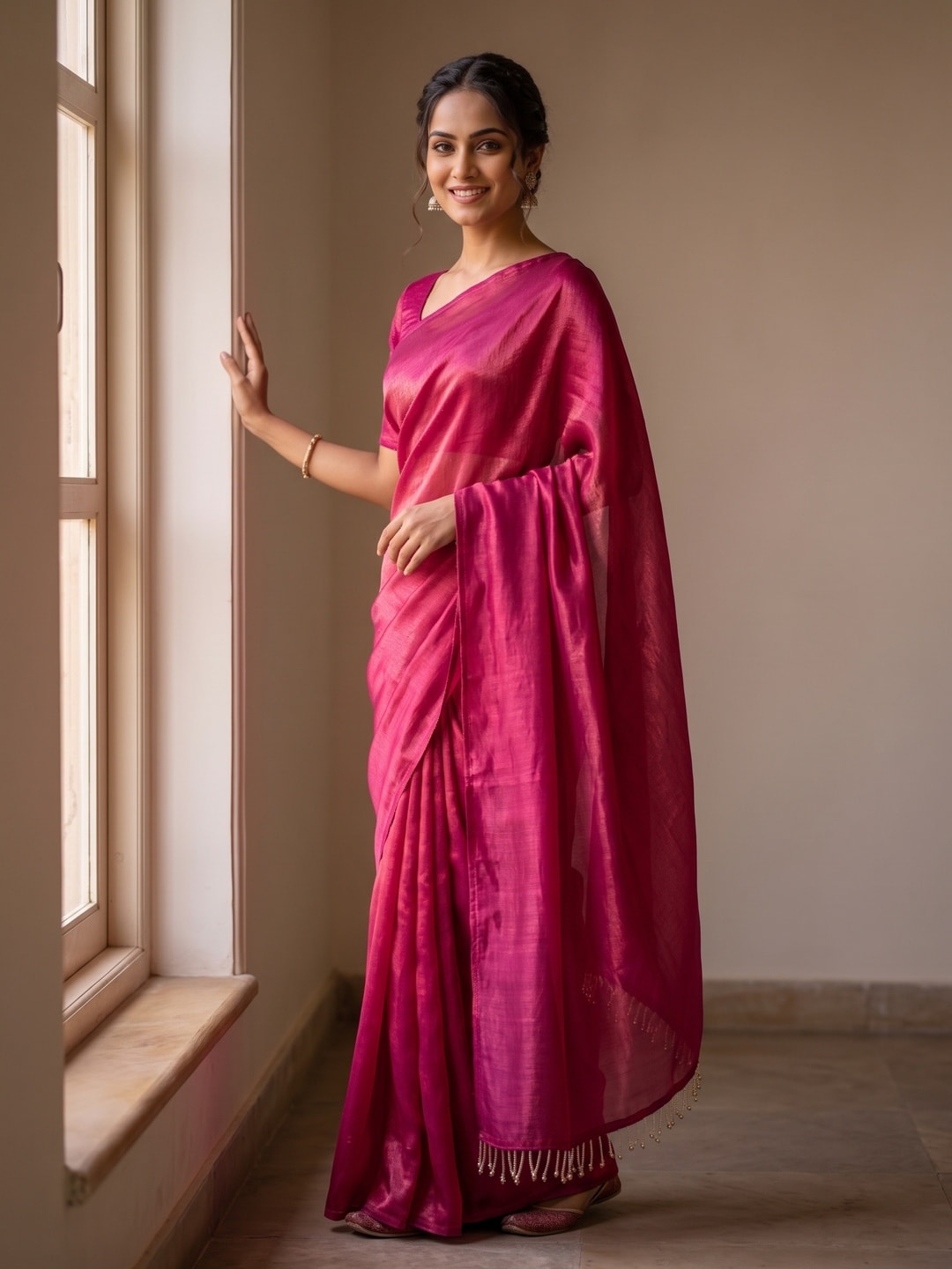 Peachmode Pink Fendi Satin Saree With Tassel Edge - Image 5