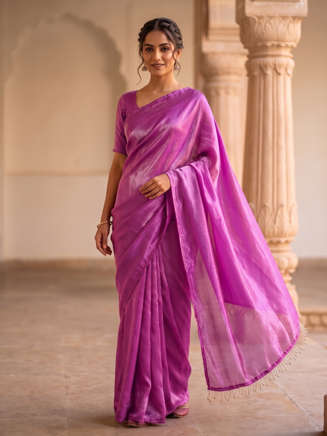 Peachmode Lavender Fendi Satin Saree With Tassel Edge - Image 1