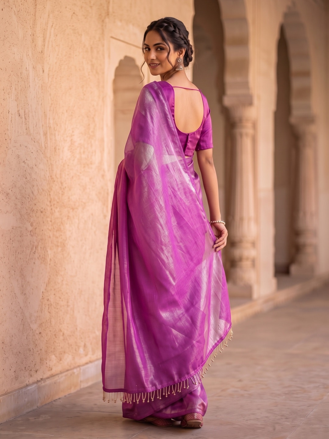 Peachmode Lavender Fendi Satin Saree With Tassel Edge - Image 2