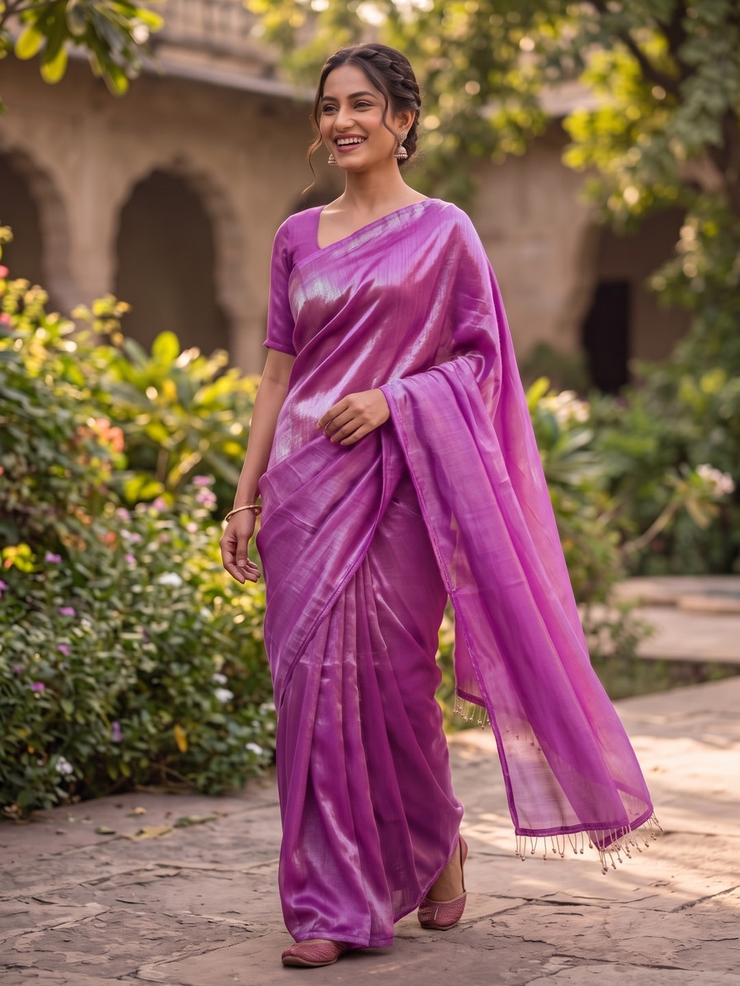 Peachmode Lavender Fendi Satin Saree With Tassel Edge - Image 3