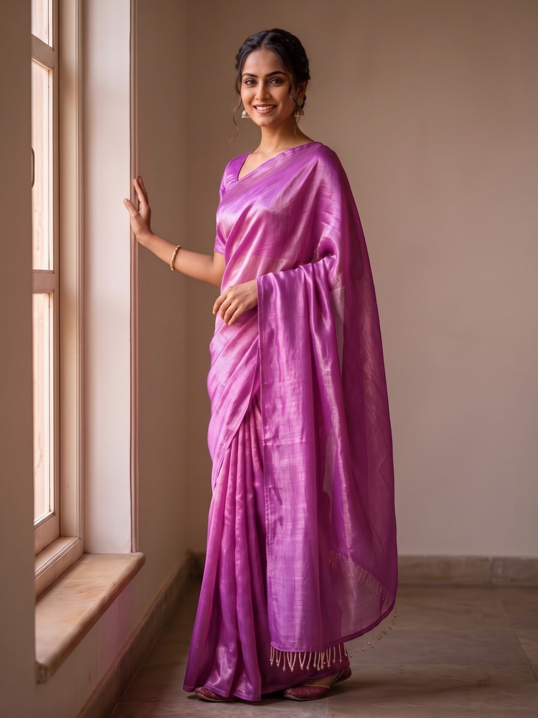 Peachmode Lavender Fendi Satin Saree With Tassel Edge - Image 5