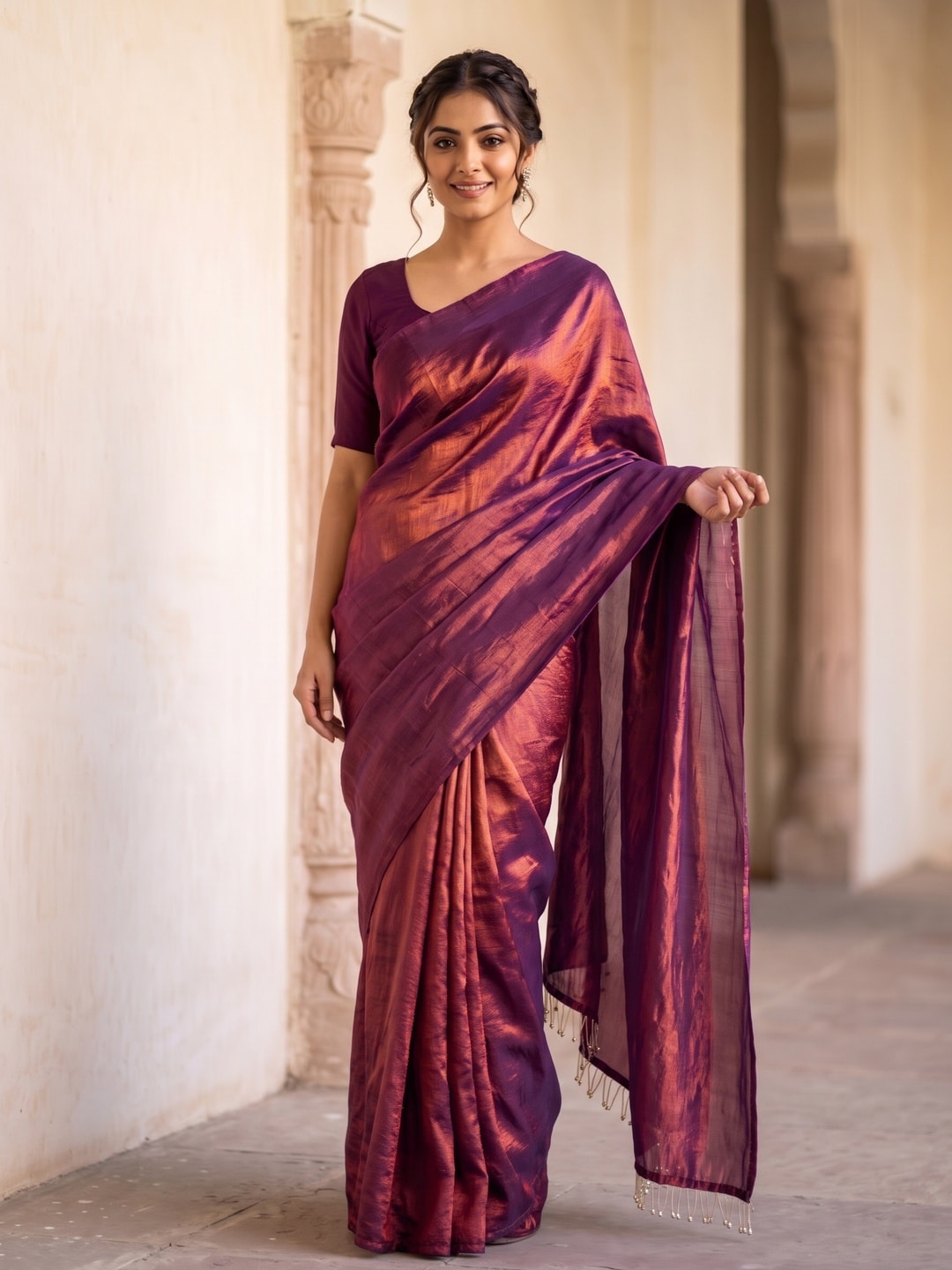 Peachmode Rust Fendi Satin Saree With Tassel Edge - Image 1