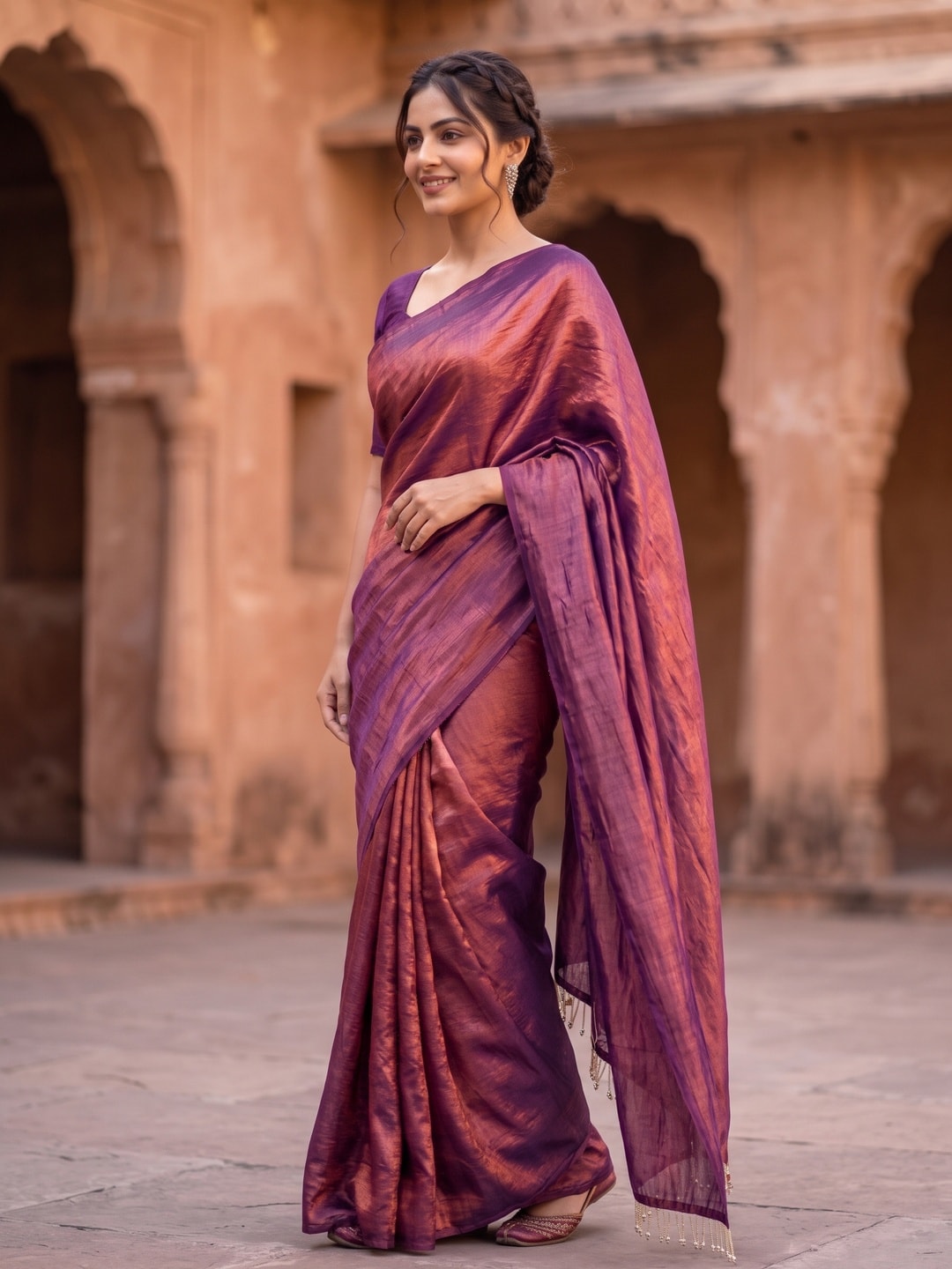 Peachmode Rust Fendi Satin Saree With Tassel Edge - Image 2