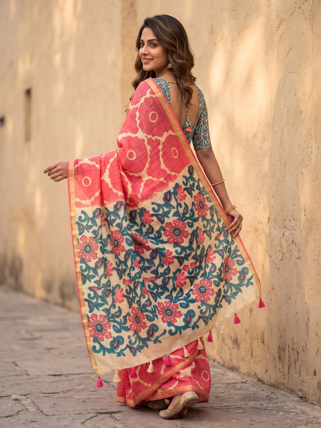 Peachmode Coral Abstract Printed Linen Saree With Jari Patti - Image 2