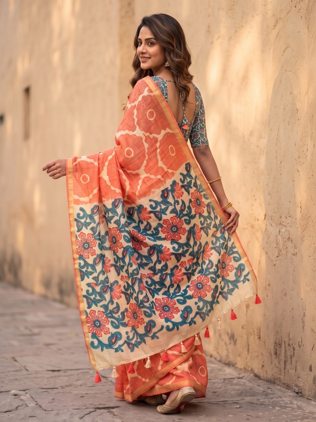 Peachmode Orange Abstract Printed Linen Saree With Jari Patti - Image 2