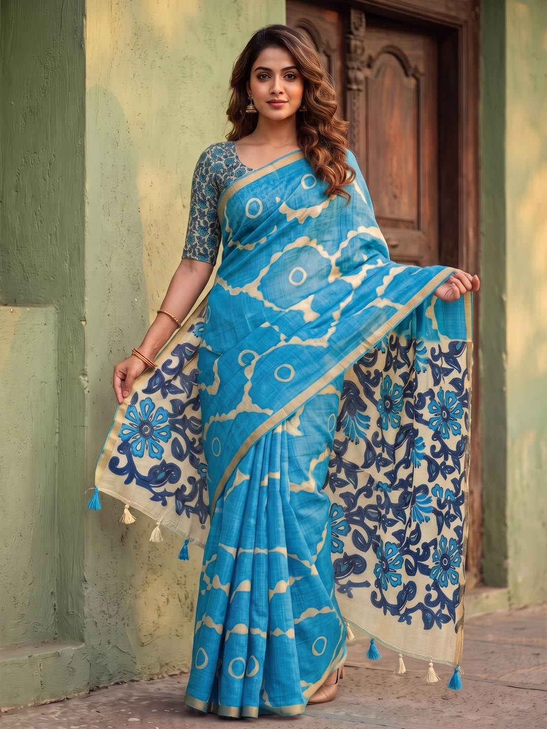 Peachmode Sky Blue Abstract Printed Linen Saree With Jari Patti - Image 1