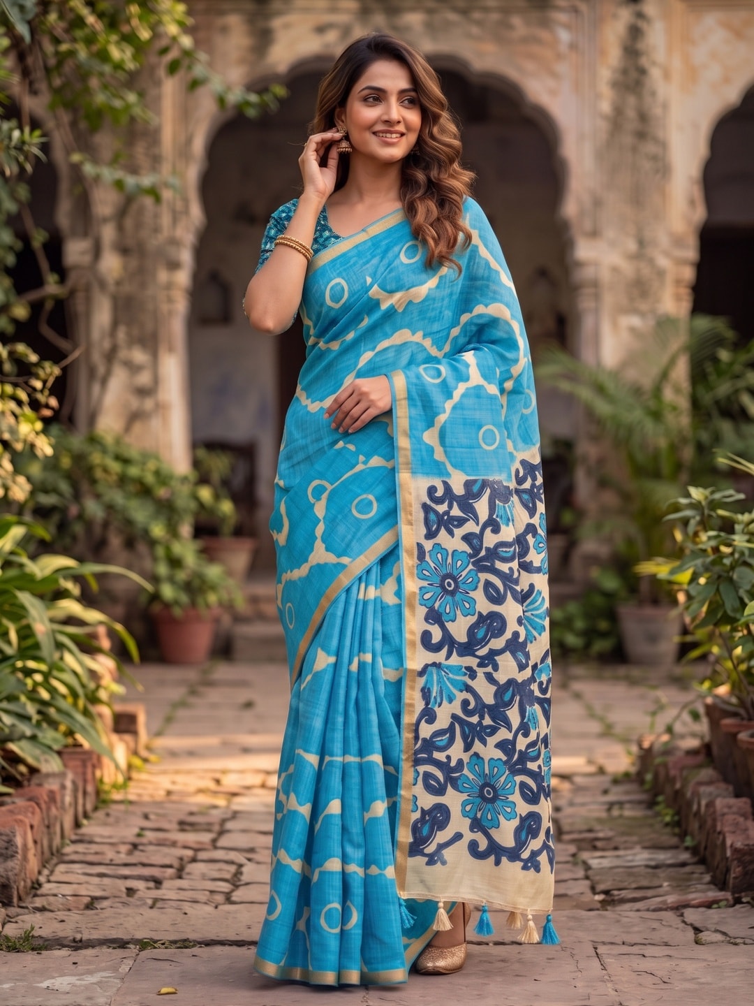 Peachmode Sky Blue Abstract Printed Linen Saree With Jari Patti - Image 4
