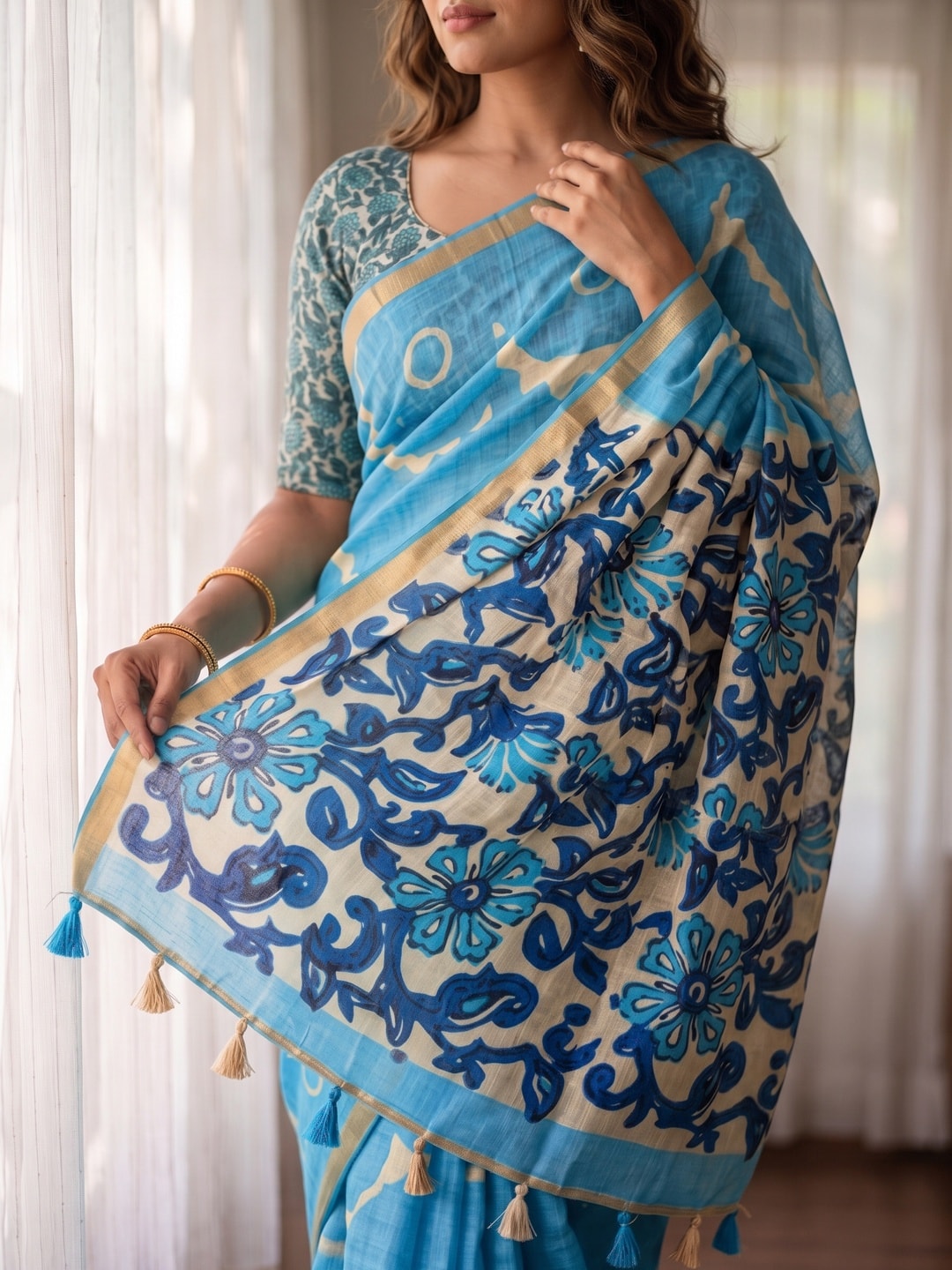 Peachmode Sky Blue Abstract Printed Linen Saree With Jari Patti - Image 5