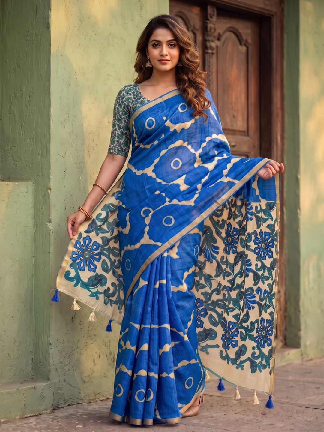 Peachmode Blue Abstract Printed Linen Saree With Jari Patti - Image 1