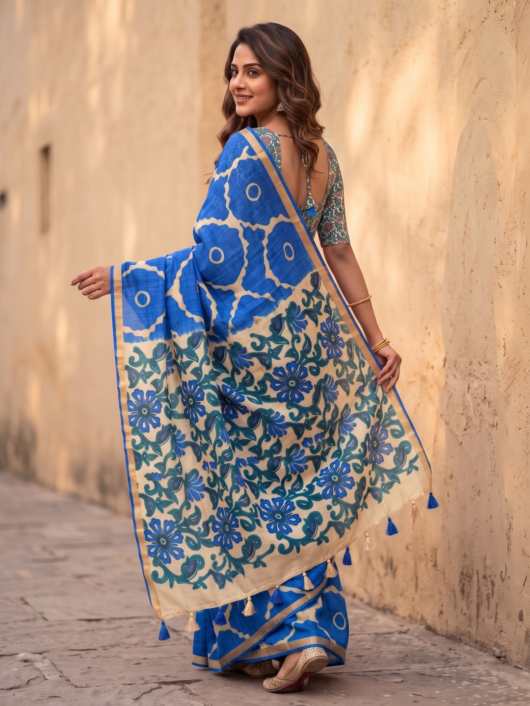 Peachmode Blue Abstract Printed Linen Saree With Jari Patti - Image 2