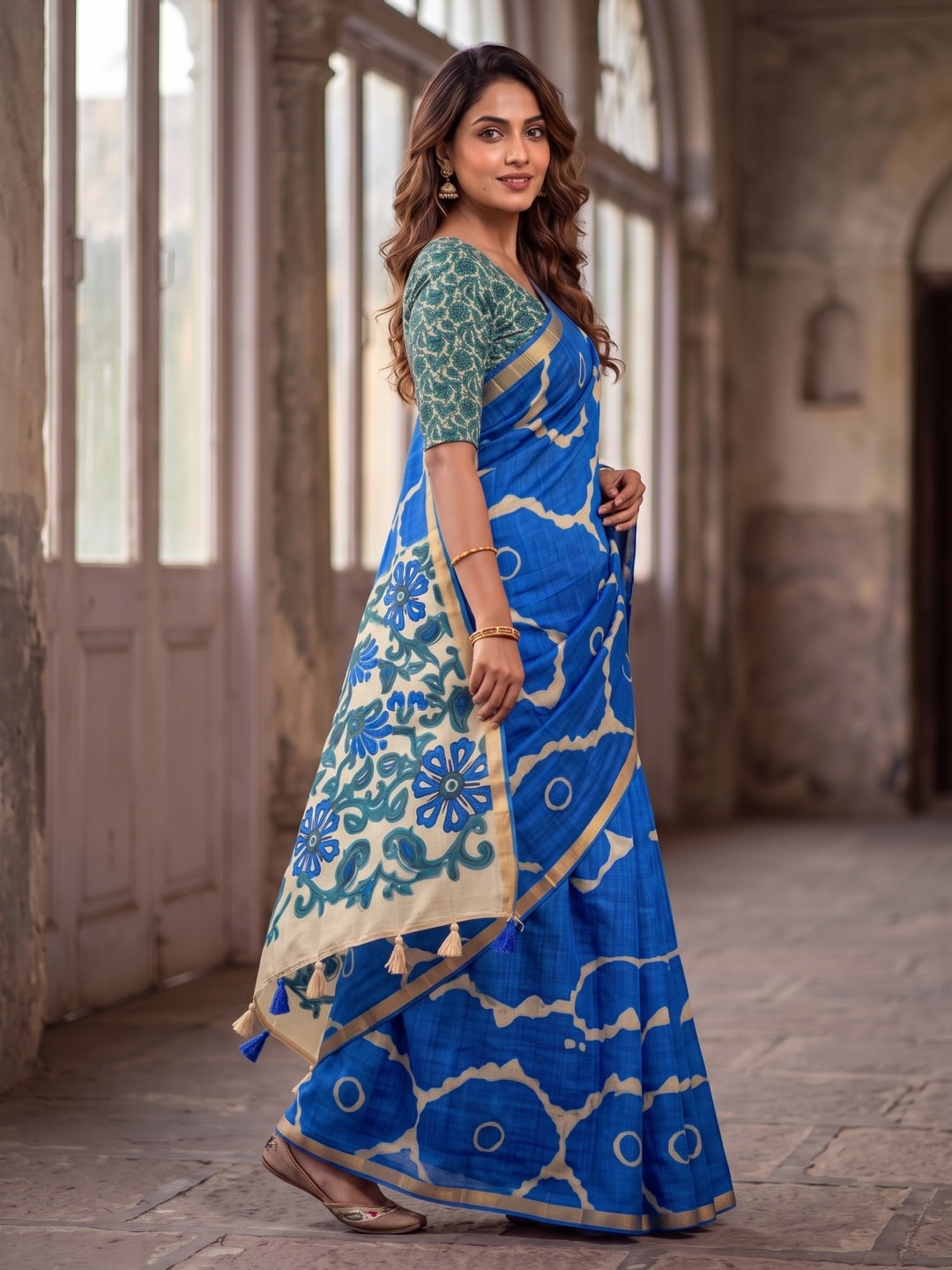 Peachmode Blue Abstract Printed Linen Saree With Jari Patti - Image 3