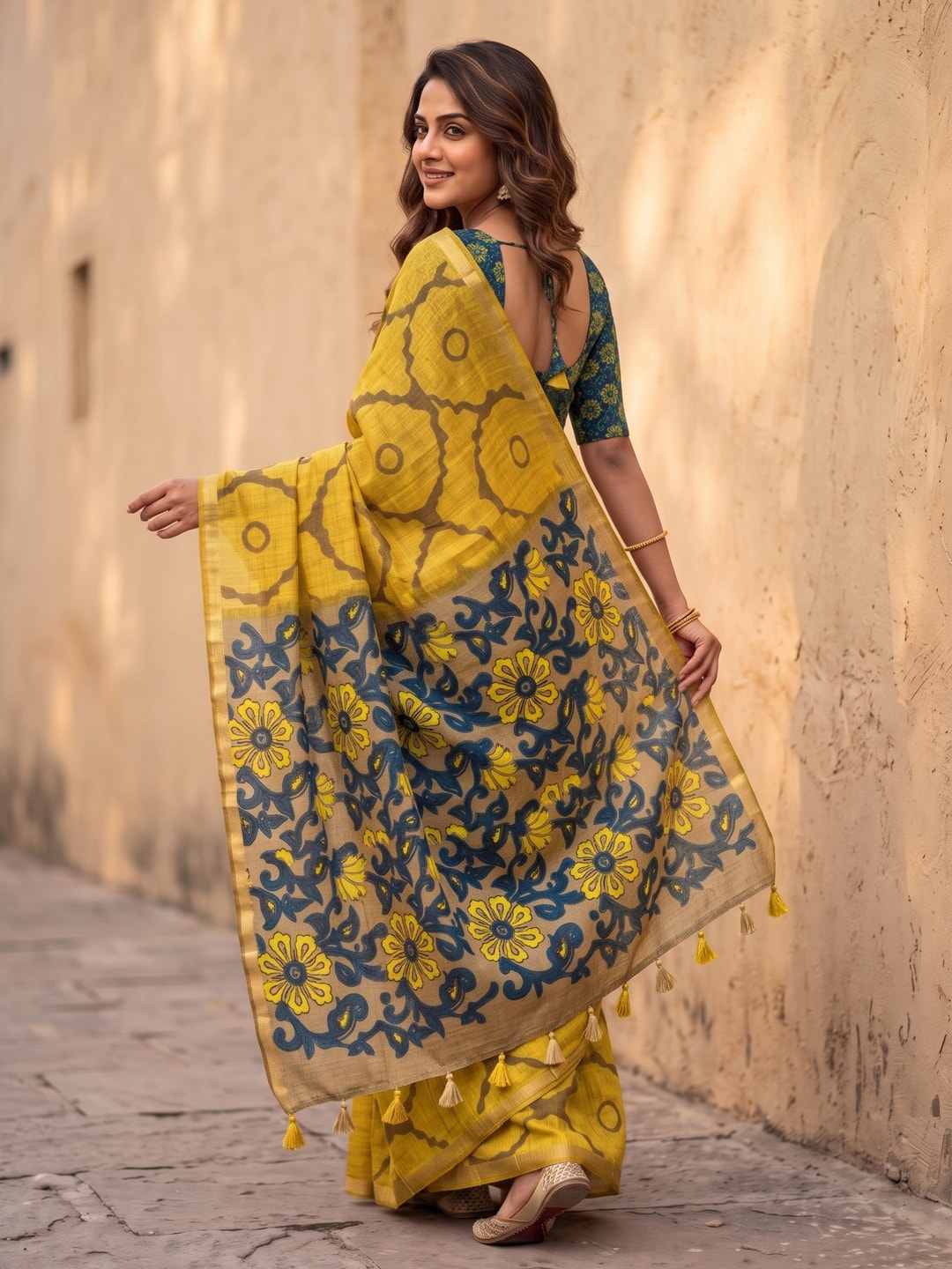 Peachmode Mustard Abstract Printed Linen Saree With Jari Patti - Image 2