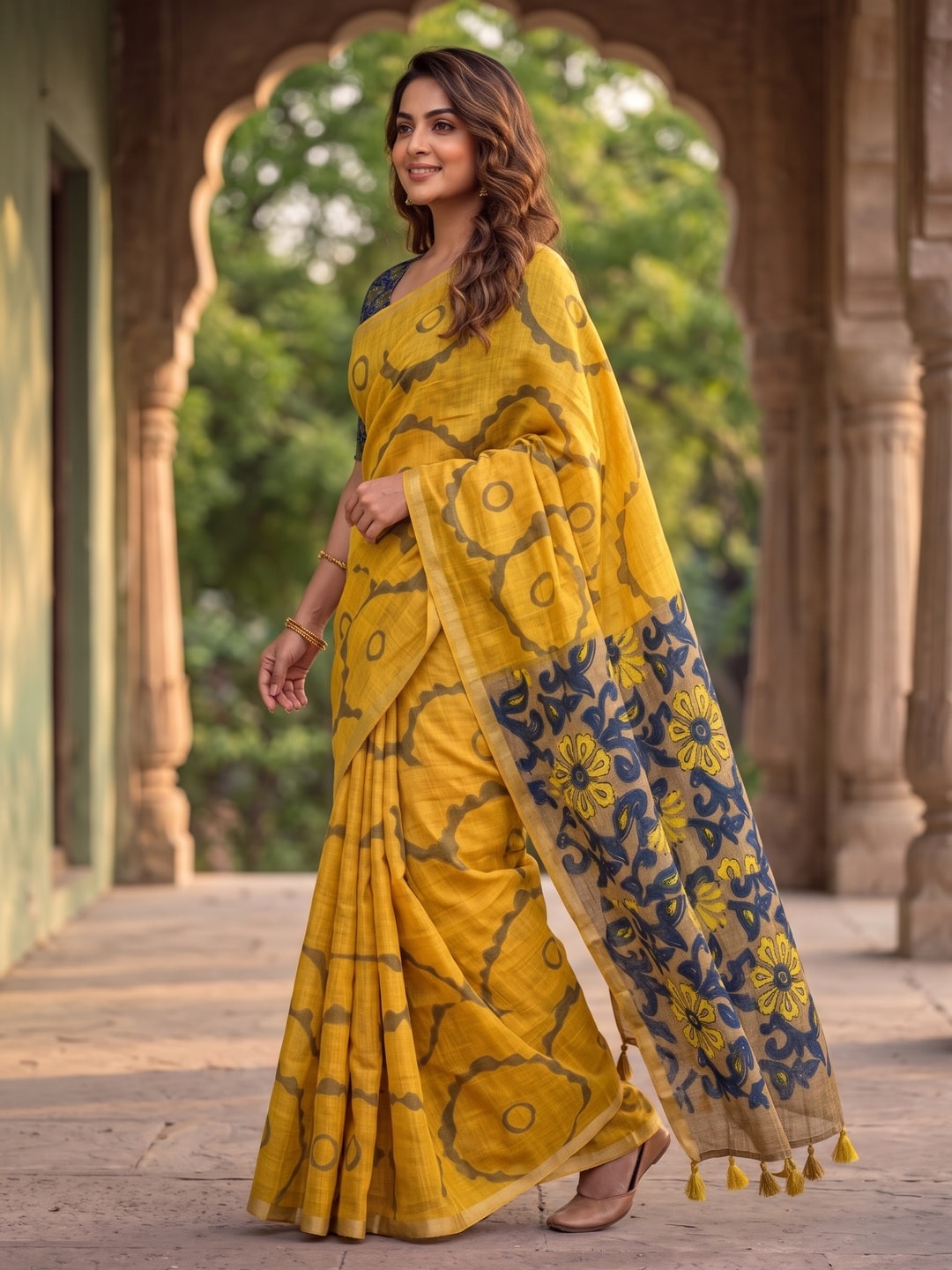Peachmode Mustard Abstract Printed Linen Saree With Jari Patti - Image 3
