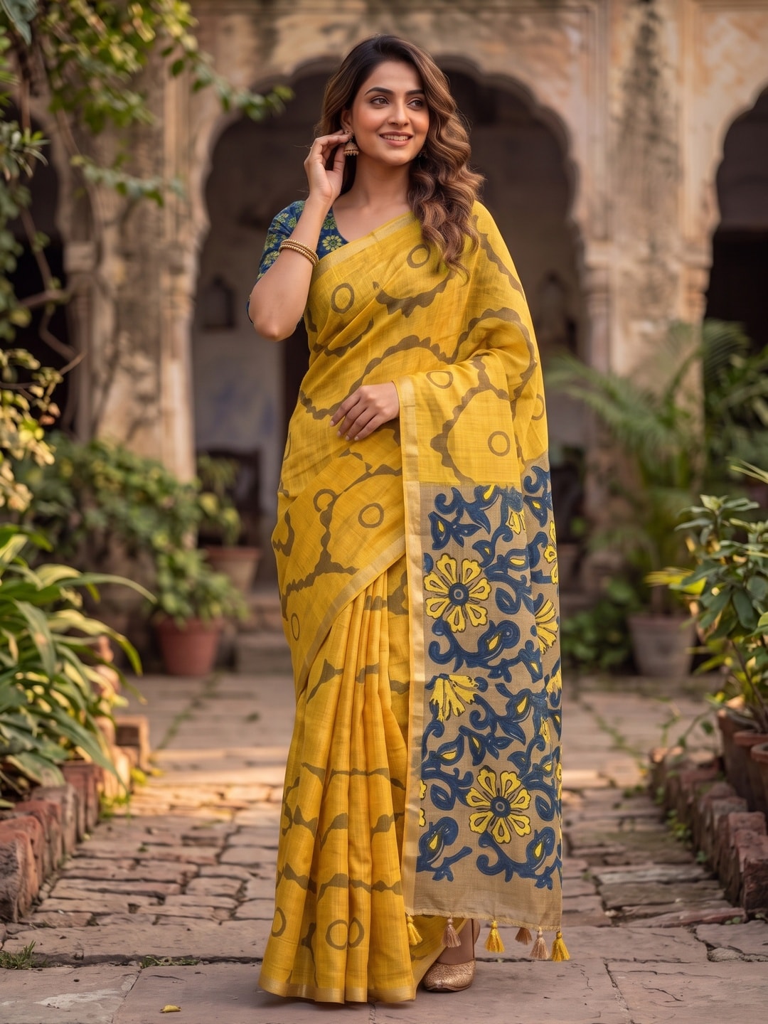 Peachmode Mustard Abstract Printed Linen Saree With Jari Patti - Image 4