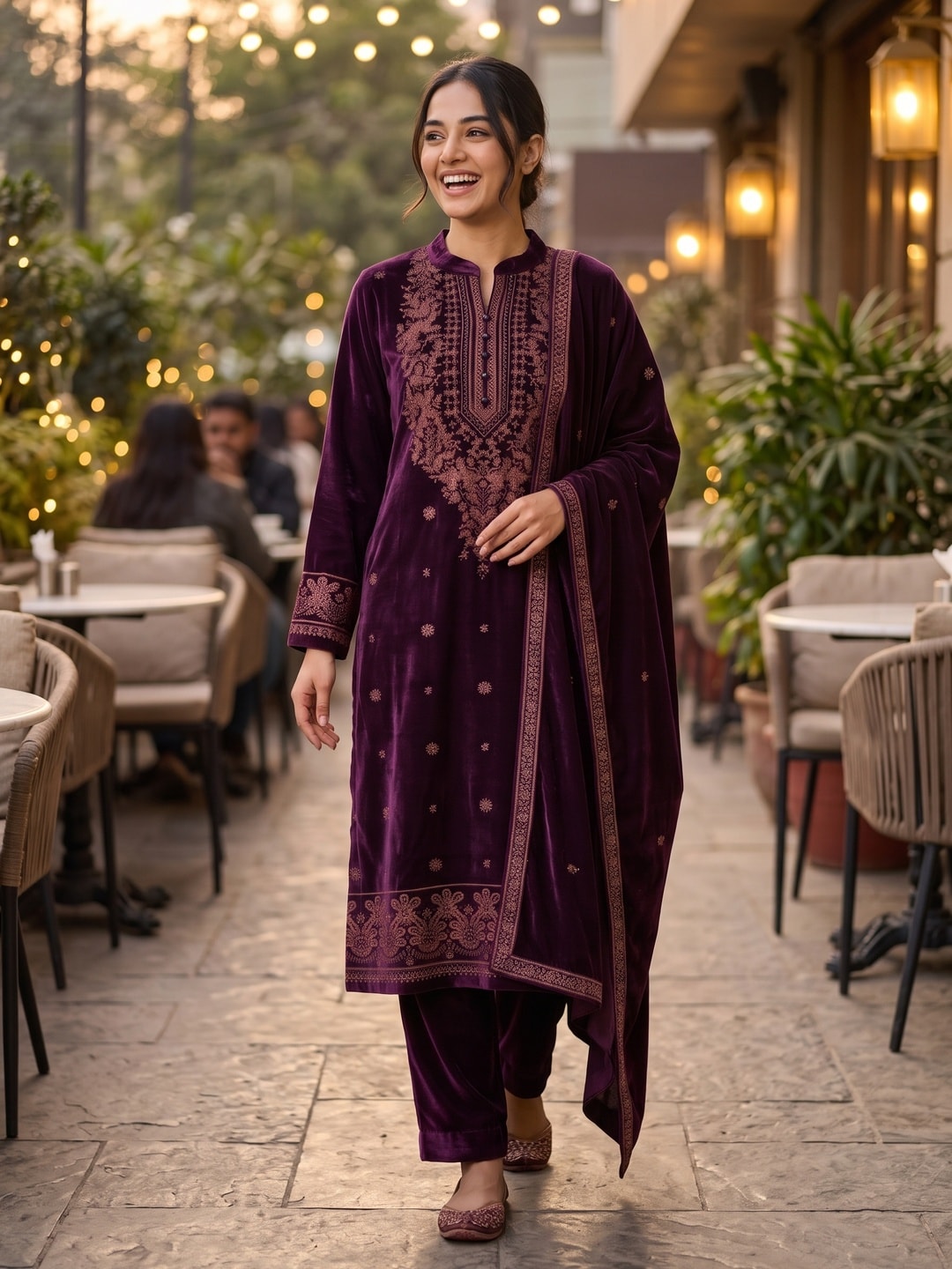 Peachmode Purple Velvet Salwar Suit with Dupatta - Image 1