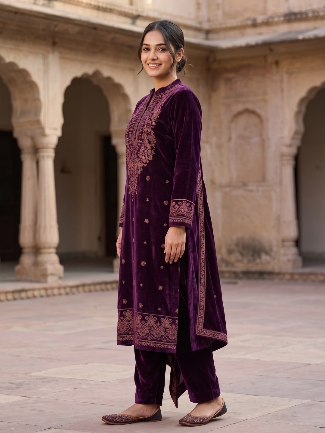 Peachmode Purple Velvet Salwar Suit with Dupatta - Image 2