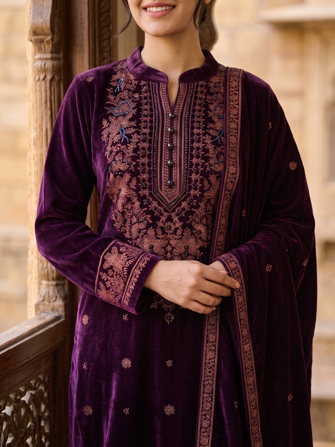 Peachmode Purple Velvet Salwar Suit with Dupatta - Image 4