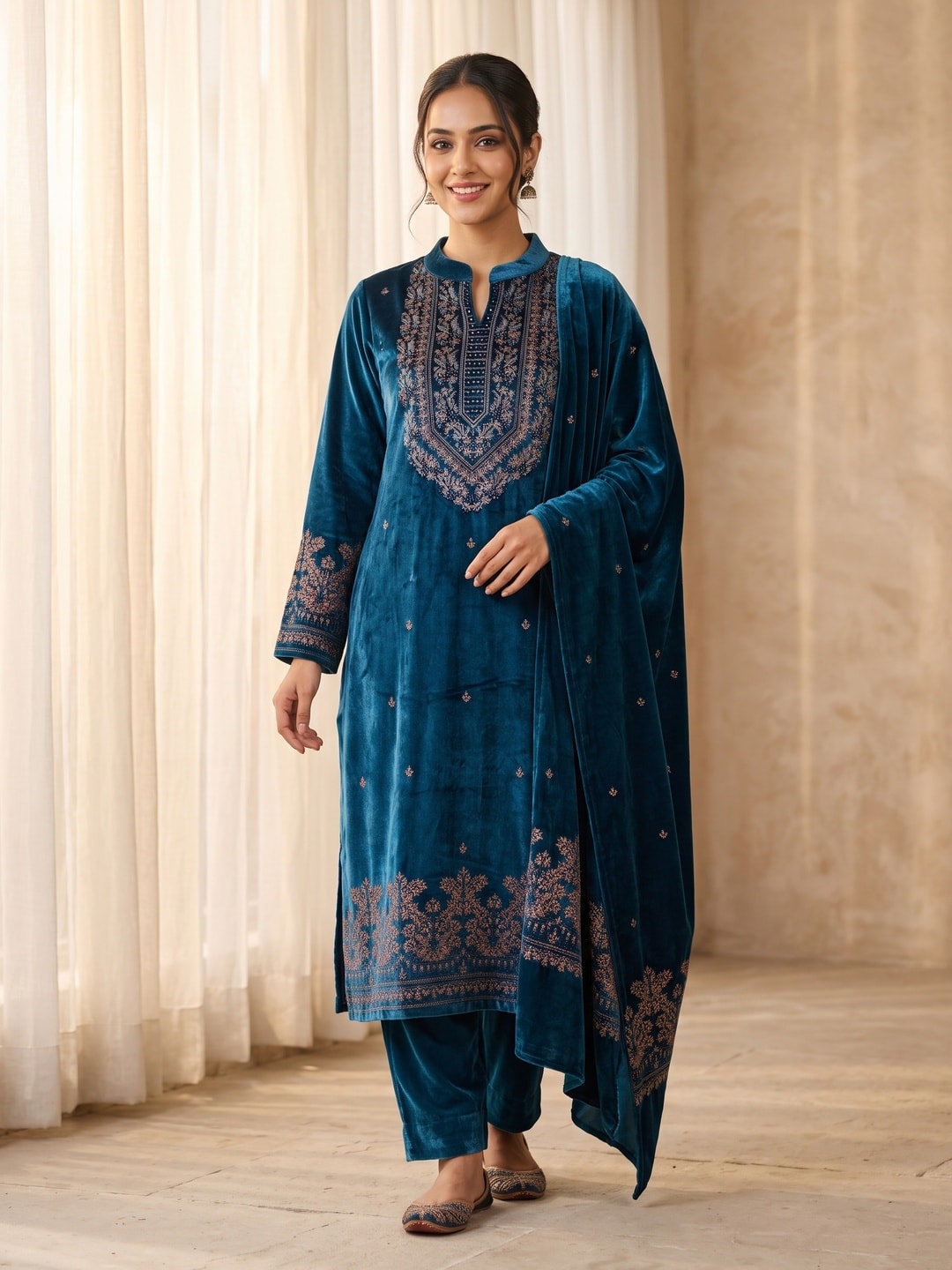 Peachmode Teal Velvet Salwar Suit with Dupatta - Image 1