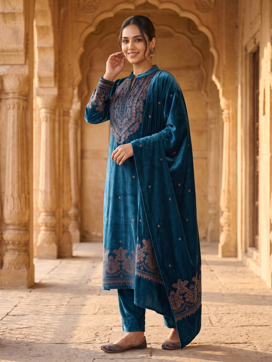 Peachmode Teal Velvet Salwar Suit with Dupatta - Image 3