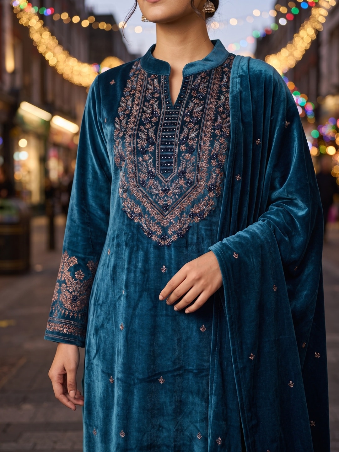 Peachmode Teal Velvet Salwar Suit with Dupatta - Image 5