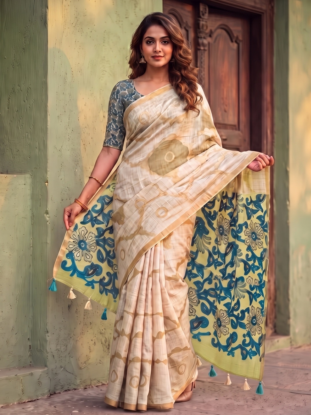 Peachmode Cream Abstract Printed Linen Saree With Jari Patti - Image 1