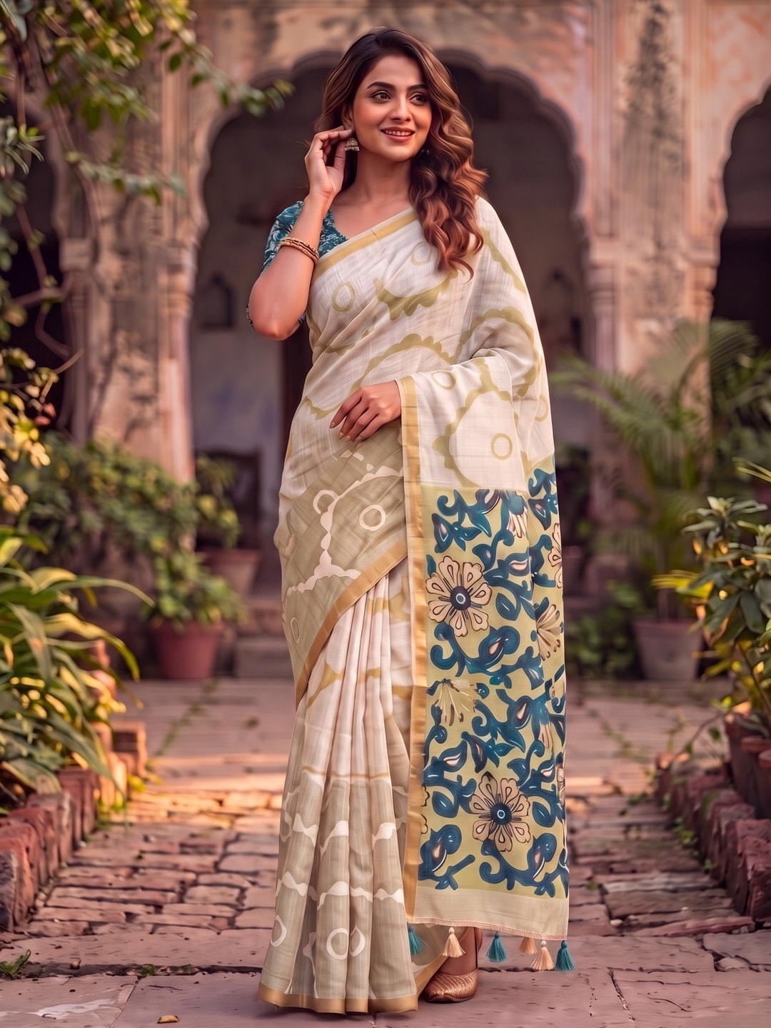 Peachmode Cream Abstract Printed Linen Saree With Jari Patti - Image 4
