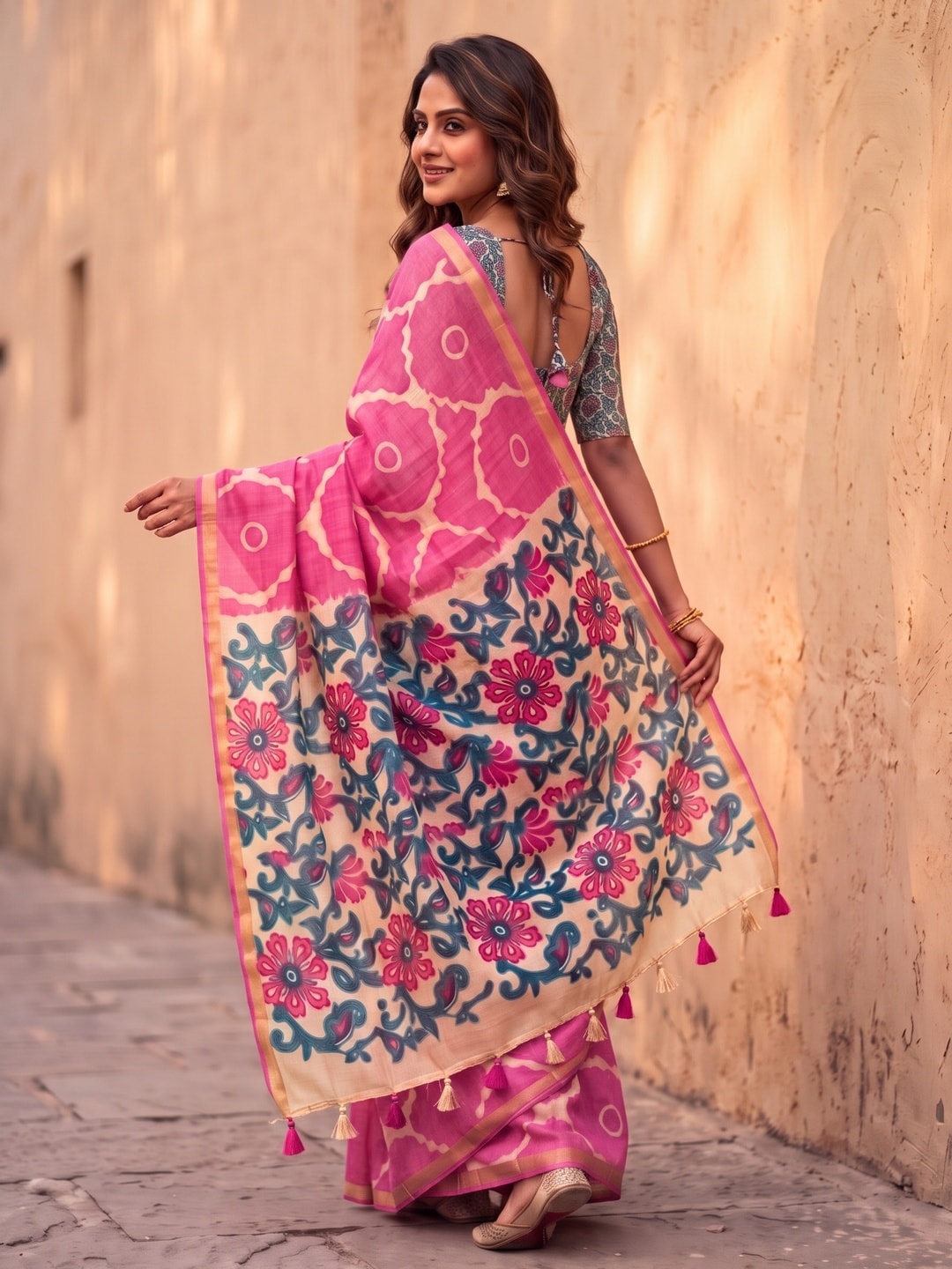 Peachmode Pink Abstract Printed Linen Saree With Jari Patti - Image 2