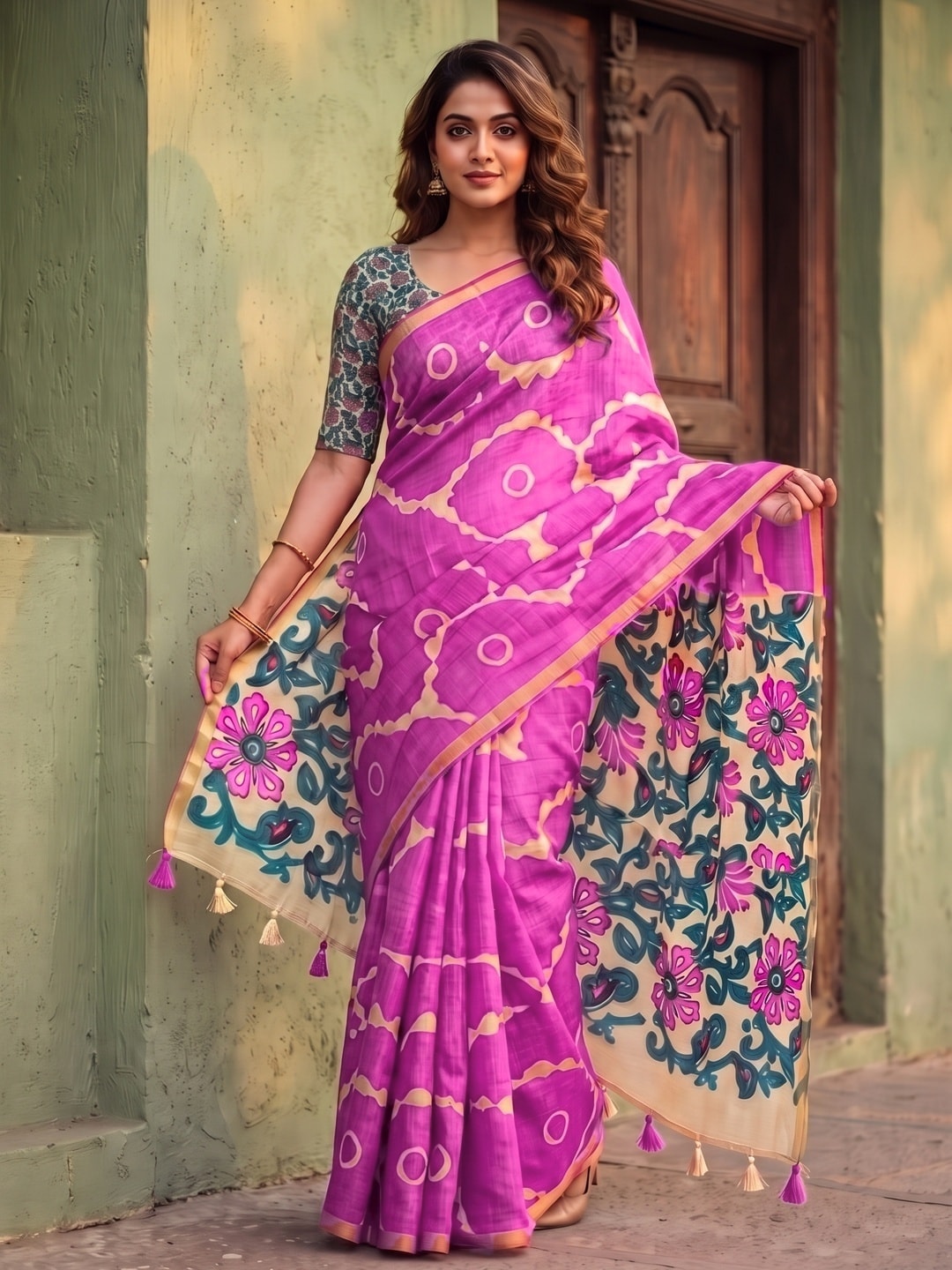 Peachmode Magenta Abstract Printed Linen Saree With Jari Patti