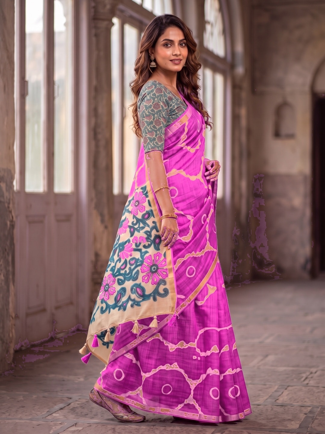 Peachmode Magenta Abstract Printed Linen Saree With Jari Patti - Image 2