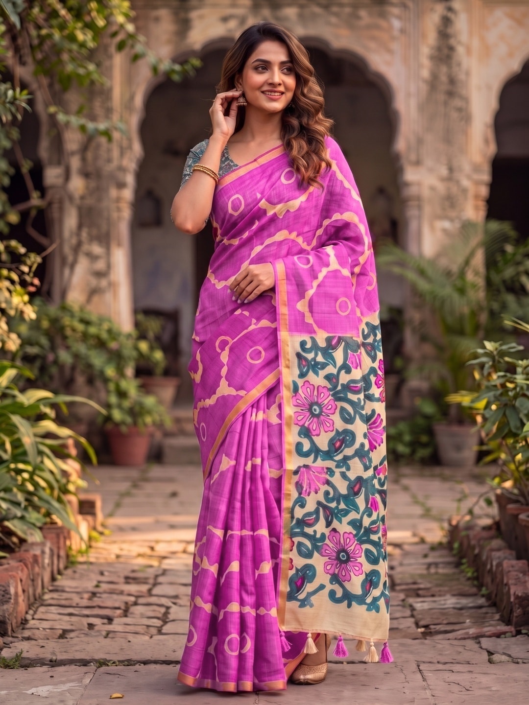Peachmode Magenta Abstract Printed Linen Saree With Jari Patti - Image 3