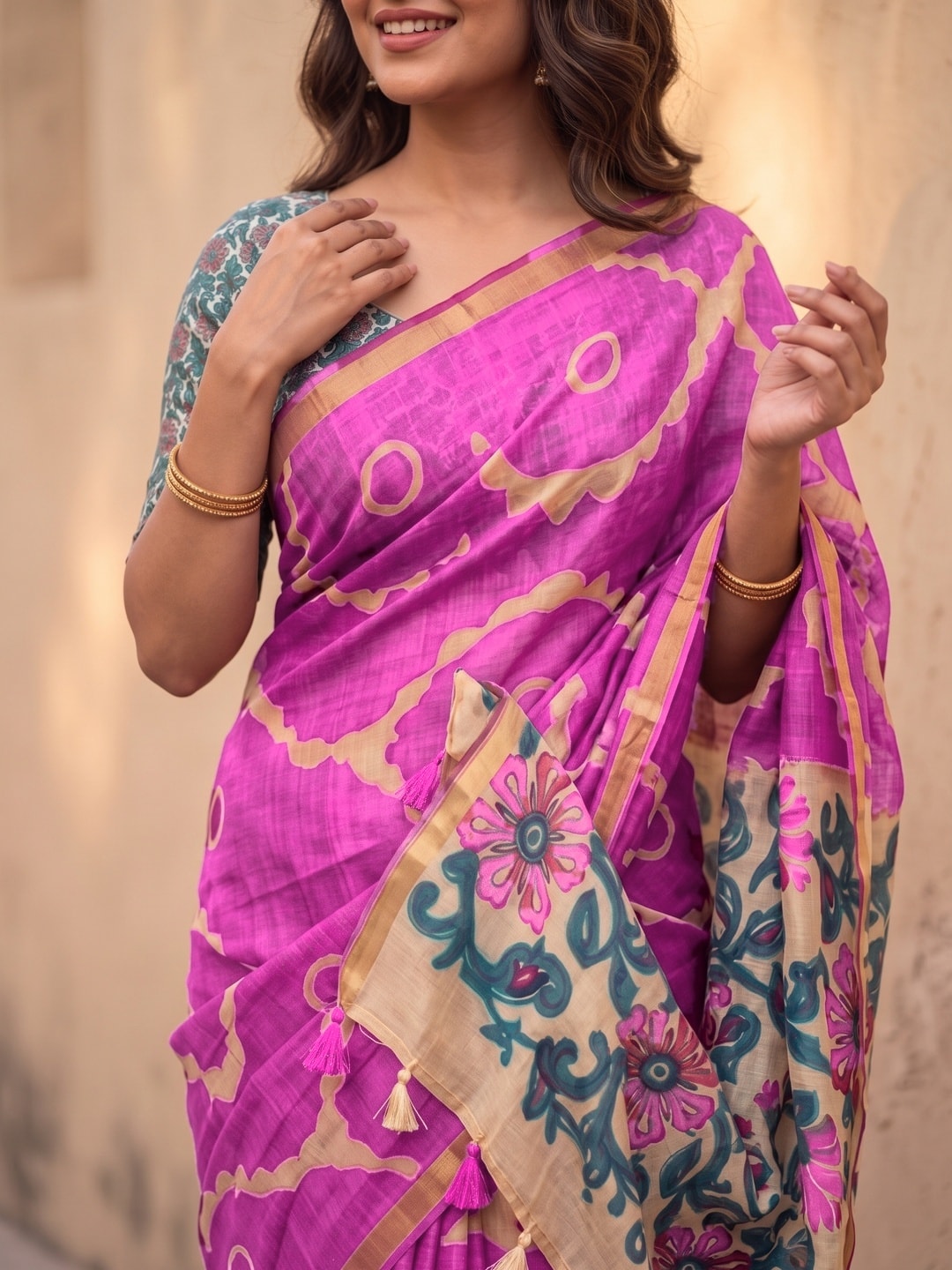 Peachmode Magenta Abstract Printed Linen Saree With Jari Patti - Image 4