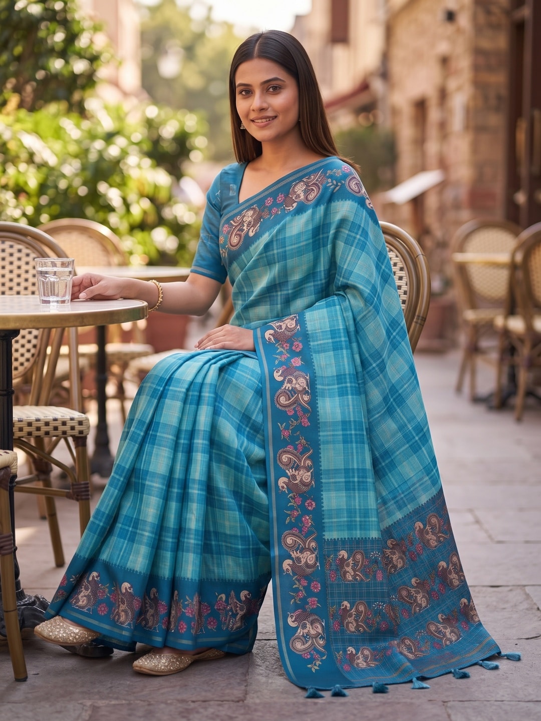 Peachmode Turquoise Kalamkari Peacock Border Check Tussar Saree With Tassels - Image 4