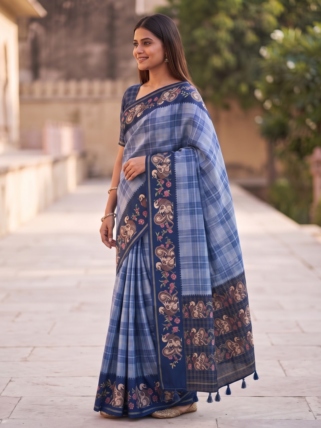 Peachmode Steel Blue Kalamkari Peacock Border Check Tussar Saree With Tassels - Image 3