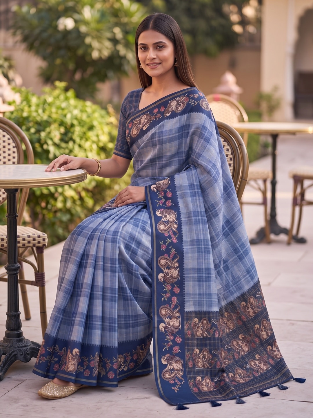 Peachmode Steel Blue Kalamkari Peacock Border Check Tussar Saree With Tassels - Image 4