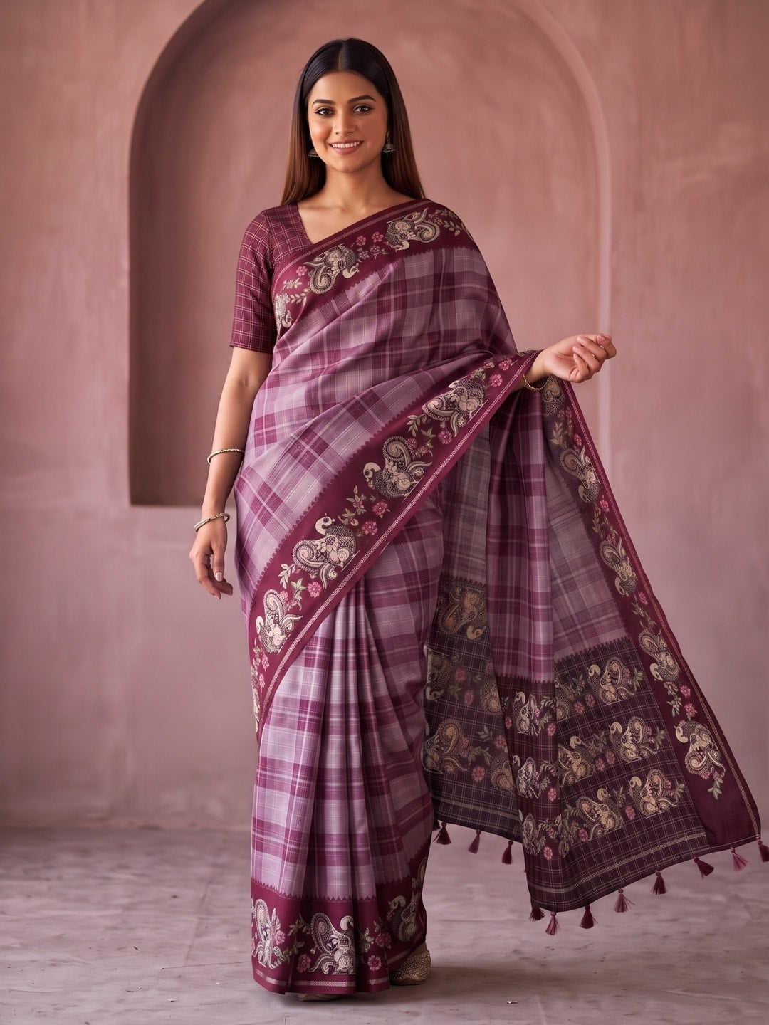 Peachmode Wine Kalamkari Peacock Border Check Tussar Saree With Tassels - Image 1