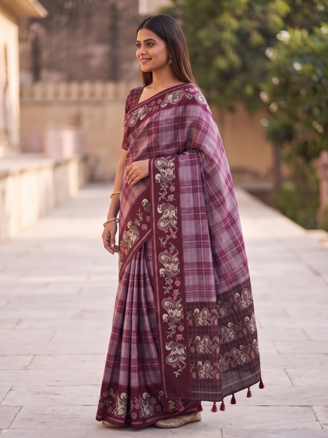 Peachmode Wine Kalamkari Peacock Border Check Tussar Saree With Tassels - Image 3