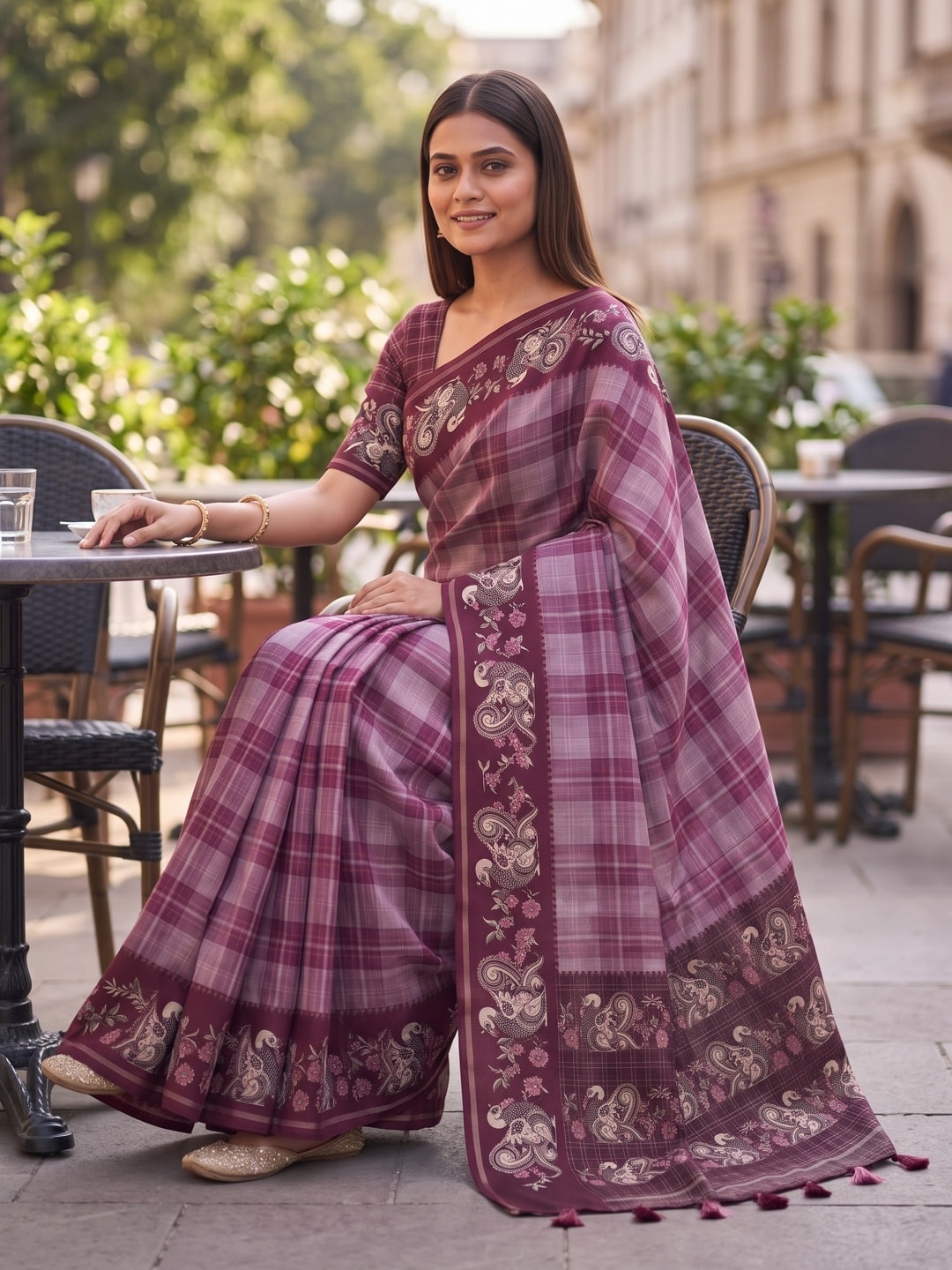 Peachmode Wine Kalamkari Peacock Border Check Tussar Saree With Tassels - Image 4