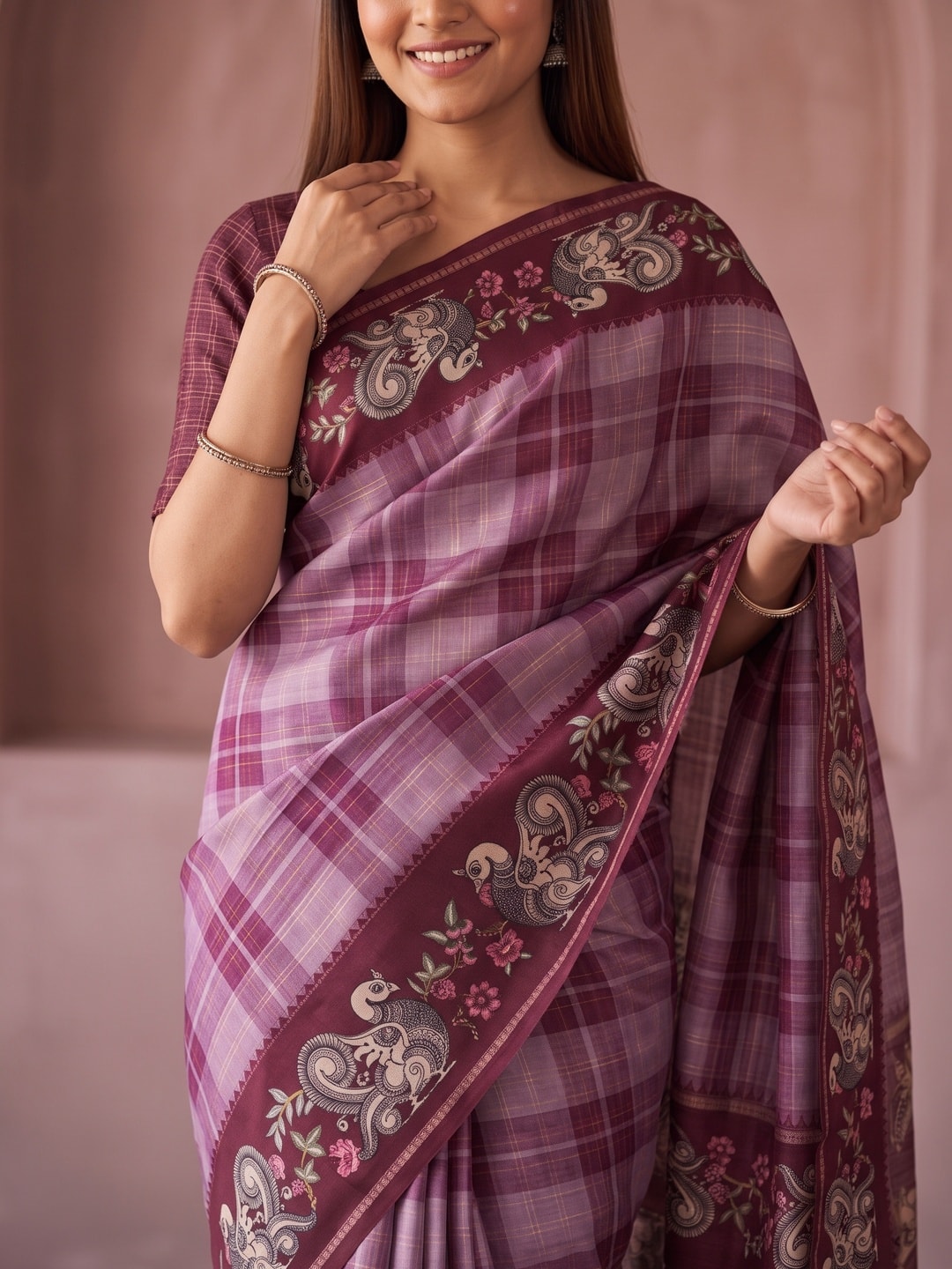 Peachmode Wine Kalamkari Peacock Border Check Tussar Saree With Tassels - Image 5