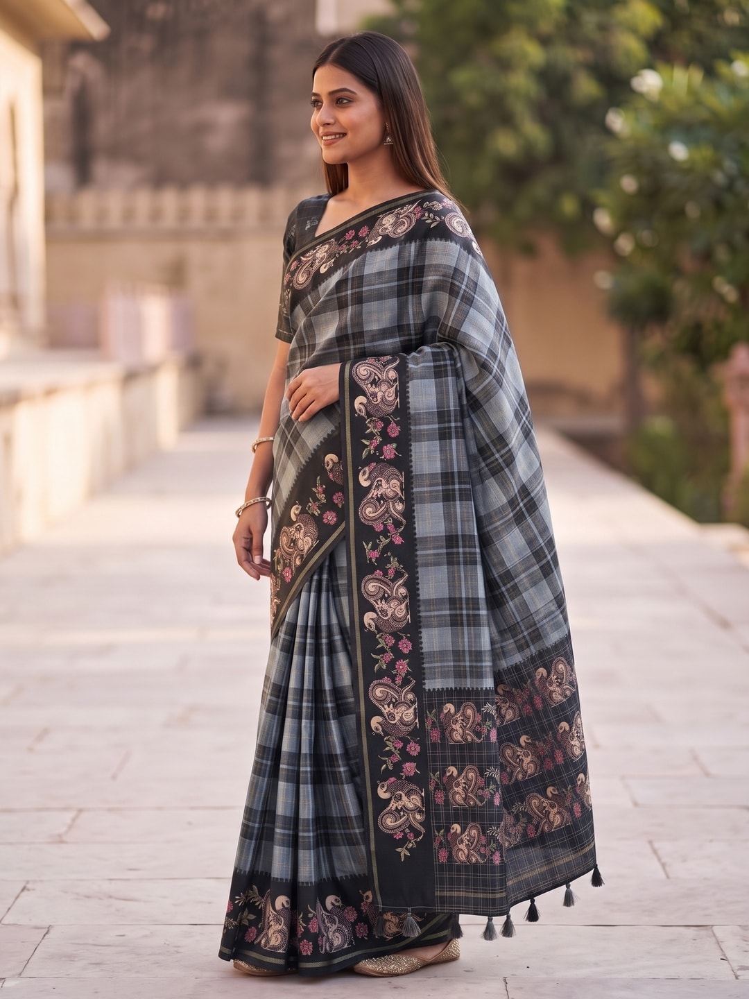 Peachmode Grey Kalamkari Peacock Border Check Tussar Saree With Tassels - Image 3