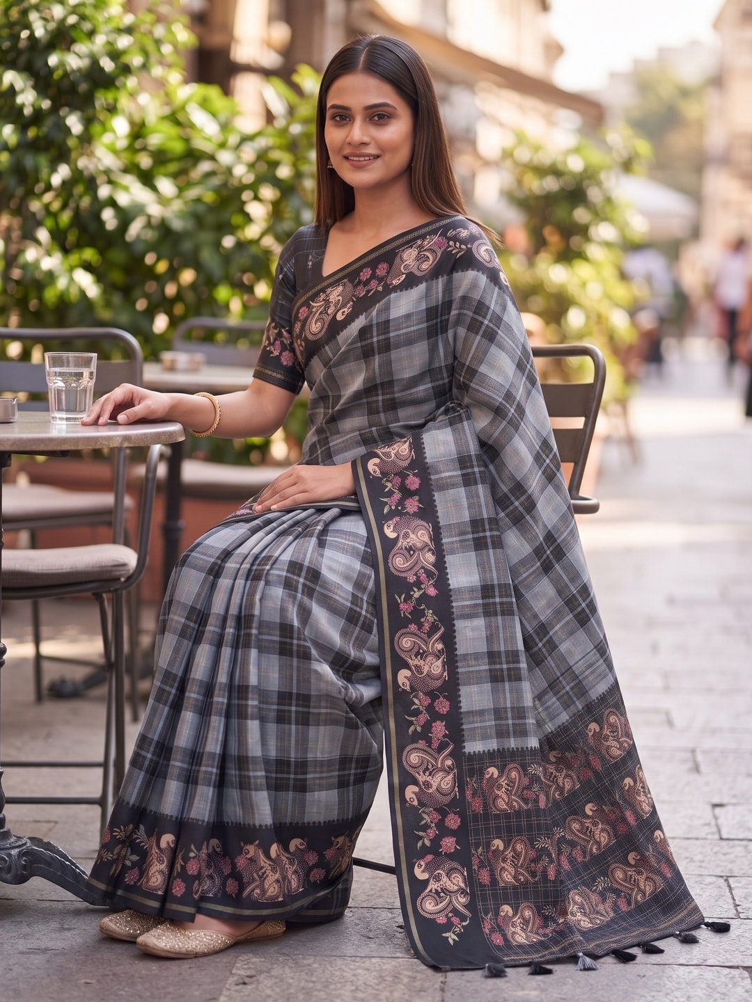 Peachmode Grey Kalamkari Peacock Border Check Tussar Saree With Tassels - Image 4
